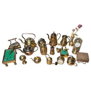 Vintage Miniature Brass Copper Collection 18pc Set Pool Table Teapots Clocks